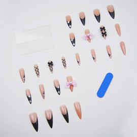 Long Almond Press on Nails French Tip Fake Nails with 3D Bow Heart Star Designs 24 Pcs Natural Reusable Acrylic Nail Full Cover Stick on Nail for Y2K Style Women No Glue WYFHDT
