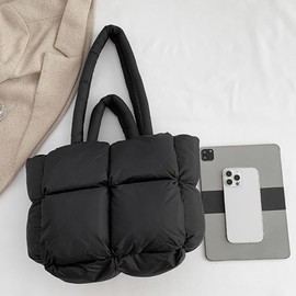 Puffer Tote Bag Quilted Tote Bag for Women Light Weight Puffy Purse Shoulder Bag Black