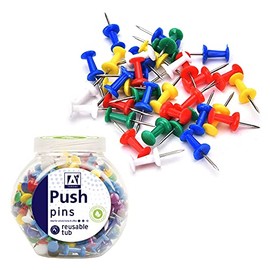 175 Colour Push Pins in Tub with Plastic Heads and Steel Points Work Essentials Assorted Colours Map Tacks Drawing Pins Notice Board Decorative Office