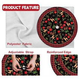 Yule Christmas Tree Skirt, 48 Inch Christmas Tree Base Mat, with Pinecones and Ornaments, Red Plaid Xmas Base Cover Decor for Church Celebrations, Winter Holiday Decoration Ornaments