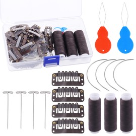 Glarks 87Pcs Hair Extensions Clip Wig Making Set, Includes Dark Brown U-Shape Snap Clips, Curved Needles, T-Pins, Dark Brown Weaving Thread, and Needle Threader for Wig Making Hair Extensions