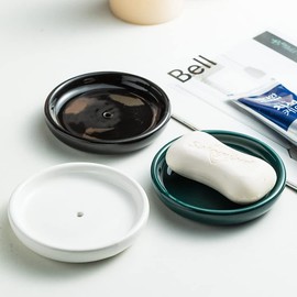 Round Self Draining Soap Dish, Small Ceramic Tray, Cute Jewelry Dish, Keep Soap Dry & Bathroom Décor (Black)