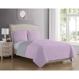 Blissful Living Reversible Luxury Pinsonic Solid Quilt Set Including Shams – Lightweight and Soft for All Year Round Comfort, (Lavender/Grey, Full/Queen)