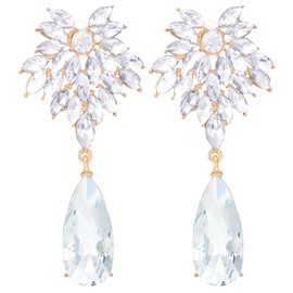 Wedding Party Statement Earrings, Sparkling Crystal Cluster Flowers Petal Tear Large Dangle Gold Earrings, Crystal, No Gemstone