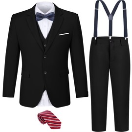 Boys Suit Set Black Suits for Big Boy Tuxedo Homecoming Outfit Dress Coat Suspenders Pants Set Size 16