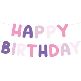 Purple Pink Happy Birthday Banner, Cute Pre-Strung Letter Banner Set Reusable Birthday Decor Supplies for Women Girls Boys