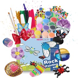 KIDDYCOLOR 29pcs Rock Painting Kit for Kids, DIY Creative Art & Craft Set w/ 9 Cobblestones, 12 Acrylic Paint Tubes, 2 Brushes, 3 Pairs of Assorted Wings, Easy Transfer Design for Boys & Girls