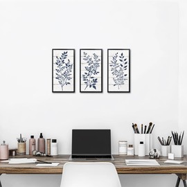 WELMECO Blue Leaf Decor Botanical Wall Art Blue Leaves Picture Minimalist Bedroom Bathroom Living Room Decoration, Framed 8x16inchx3Pieces (Black Frame)