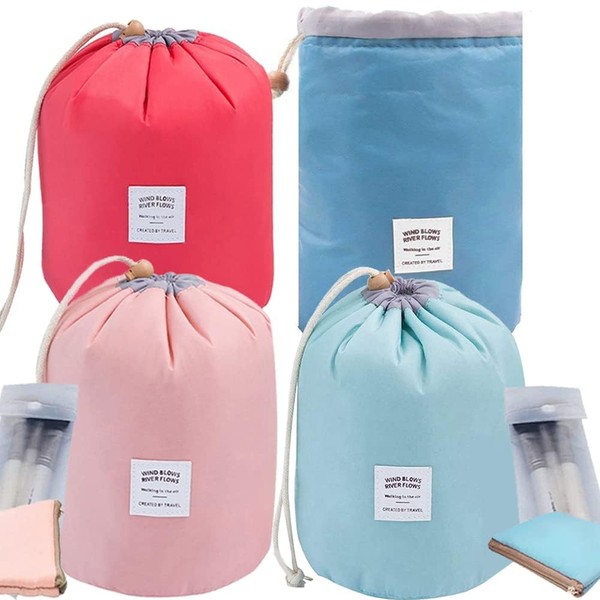 INVODA Cosmetic Bag 4 Pieces Barrel Shaped Travel Makeup Bags Large Capacity Soft Waterproof Portable Drawstring Cosmetic Bag Multifunctional Bucket Toiletry Bag（4PCS）