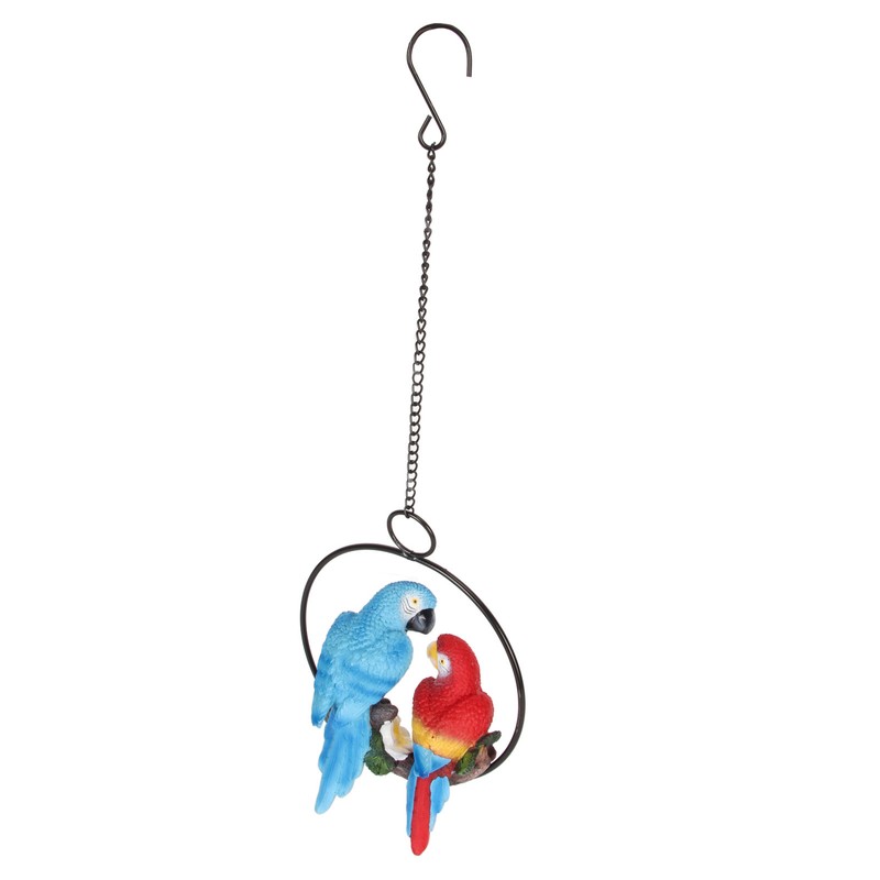 Metal Ring Double Parrot Statue Decorative Resin Perching On Branch