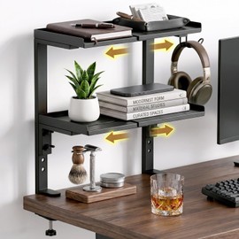 Expandable Clamp on Desk Shelf, Desktop Organizer with Headphone Holder