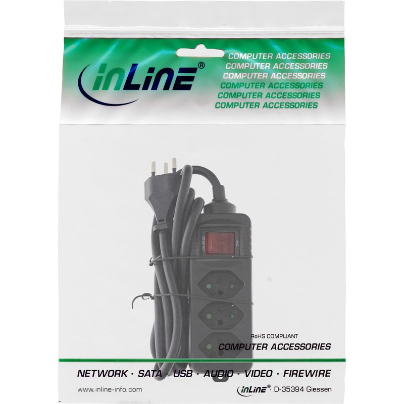 InLine® Switzerland 3-Way Power Strip with Switch 1.5 m Black