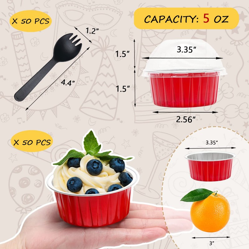 Red Cupcake Liners Muffin Tins 50 Pack,Free-Air 5oz Aluminum Foil