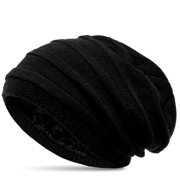 Caspar MU202 Warm Knitted Beanie Hat with Fleece Lined, black