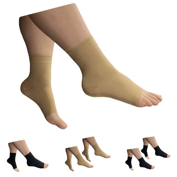 HealthyNees Ankle 15-20 mmHg Compression Leg Foot Swelling Wide Open Toe Sleeve (Beige, S/M)