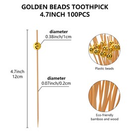 100 Pcs Cocktail Picks, 4.7 Inch Ball Toothpicks for Appetizers, Cocktail Skewers for Drinks, Fruits, Wooden Long Toothpicks Charcuterie Sticks, Party Decorations Supplies (Gold)