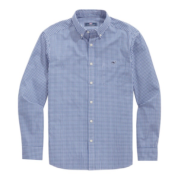 vineyard vines Men's Gingham Stretch Poplin Shirt, Maritime