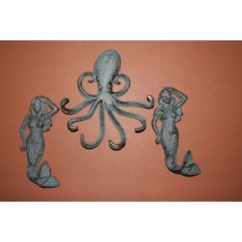 Cast Iron Home Decor Collectibles Beautiful Bronze-Look Vintage-Style Mermaid Octopus Bath Wall Hook Set, Bundle 3 Items