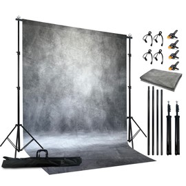 Haboke 2-in-1 Abstract Photography Backdrop Kit - 10x10 ft Portable Dual Rod Stand with 8x12 ft Polyester Fabric Backdrop for Portraits and Photo Props - Roller Pocket Design（8x12ft,Grey）