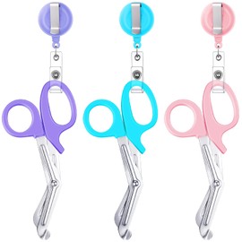 Chumia 3 Pcs Nurse Scissors for Badge Reel Pink Surgical Scissors Small Trauma Shears with Retractable Badge Reel Clip for Nurses Medical Surgical Bandage Sewing, Compact Pocket Size