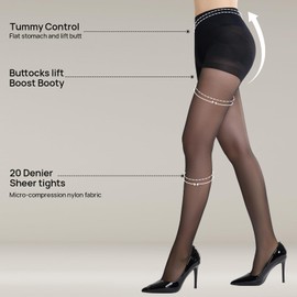 MANZI 2 Pairs 20D Sheer Tummy Control Tights High Waist Control Top Body Shaping Pantyhose for Women Black M