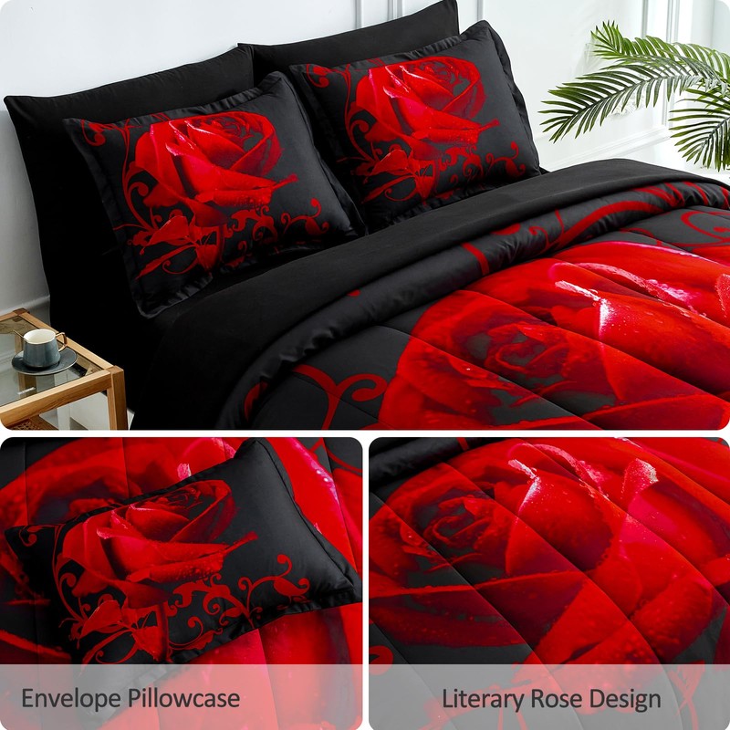 WONGS BEDDING Red Comforter Set Queen, Reversible Red Rose 7