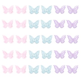 DANUDON 30PCS Butterfly Lace Trim, Double Layers Butterfly Decor Applique Patches Organza Fabric Embroidery Sewing Craft Decorative Pink Purple Butterfly Patches for Hair Dress Accessories