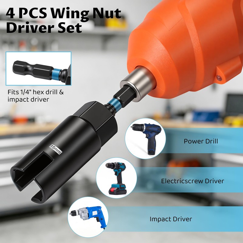AutoViteX 4PCS Wing Nut Driver Set, 1/4" Hex Shank Power