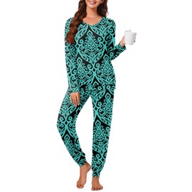 syoss Womens Pajama Set Long Sleeve Sleepwear Fall V-Neck Nightwear Soft Pjs 2 Piece Lounge Sets with Pockets L, Floral Blue-green