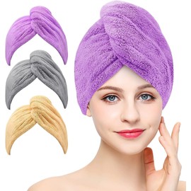 Mumoo Bear 3 Pack Microfiber Hair Drying Towel Wrap Super Absorbent Twist Turban Fast Dry Hair Caps with Buttons Bath Loop Fasten Salon Dry Hair Hat