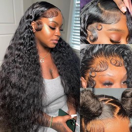 Dianthe 28 Inch Deep Wave Lace Front Wigs Human Hair Pre Plucked Glueless 13x6 HD Lace Curly Human Hair Wig 180% Density Wet and Wavy Frontal Wigs for Women with Baby Hairline