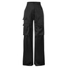 Seltaon Womens Black Satin Cargo Pants High Waisted Wide Leg
