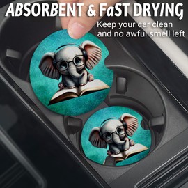 Yonlevres Car Coasters for Cup Holders，2.75" Anti Slip Rubber Mat with A Finger Notch, 2 Pack Car Cup Holder Coasters for Car Interior Accessories for Women Men Elephant Glasses