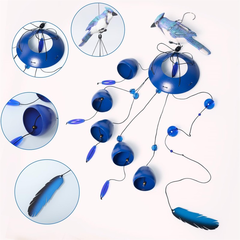 Gardenvy Blue Jay Bird Wind Chimes with Bells, Large Unique