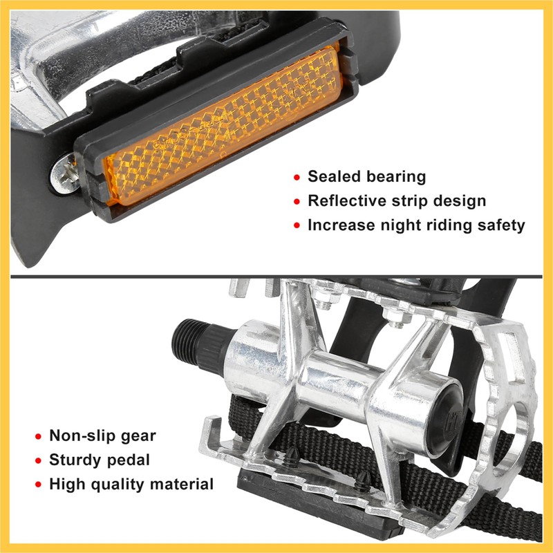 REPAIROCK Pair Bicycle Pedals with Toe Clip Foot Strap Reflective
