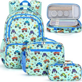 Fimibuke Kids Backpack for School Boys, 3PCS Waterproof Toddler School Bag Bookbag Set with Lunch Box & Pencil Case for Preschool Kindergarten Elementary Back to School Student Ages 3-12 Monster Truck