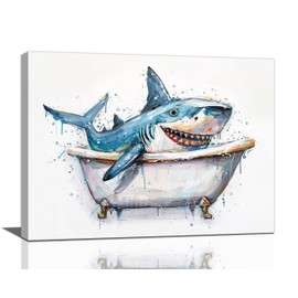 Funny Shark Bathroom Decor Wall Art Shark Room Pictures Canvas Wall Decor Abstract Print Painting Artwork Home Decorations for Bathroom Bedroom Living Room Office Framed 12x16 inch
