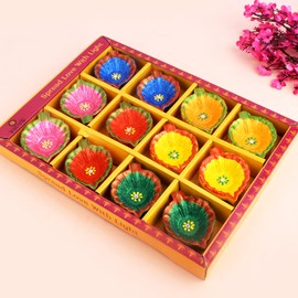 SATVIK 12 Pc Multicolor Clay Diya Terracotta Dia Traditional Puja Vilakku Oil Lamp Natural Mitti Diya Tea Light Welcome Diwali Deepawali Navratri Pooja Décorations Indian Housewarming Return Gift Item