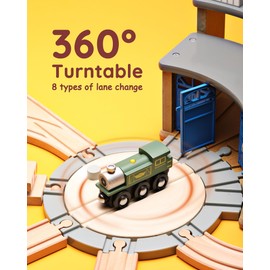 SainSmart Jr. Wooden Train Track with Roundhouse - Railway Toy for Toddlers, Double-Side Tracks Compatible with with All Major Brands - Wood Toy Train for Aged 3+