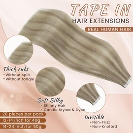 Hetto Tape in Hair Extensions #17/23 Dirty Blonde Highlight Ash Blonde Tape in Hair Extensions Human Hair Invisible Tape ins Human Hair Extensions 22 Inch 50g 20pcs
