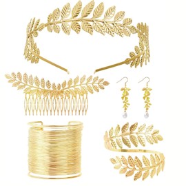 Pack of 5 Greek Goddess Costume Jewellery Set, Greek Goddess Accessories, Leaf Earrings Hair Comb, Boho Leaf Hair Crown Accessories, Greek Goddess Golden Hair Accessories, Arm Coil Bracelet, Metal,