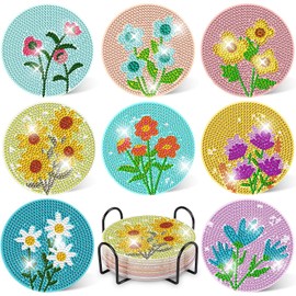 8 Pcs Flowers Diamond Art Coasters Kits with Holder, DIY Flowers Diamond Painting Coasters Mosaic Kits for Adults, Round Non Slip Coaster Crafts for Tabletop Protection and Gifts