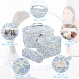 Gosect - Juego de bolsas de maquillaje acolchadas, bolsa grande de cosméticos florales para mujeres, bonitas bolsas de maquillaje de algodón, bolsa or