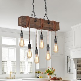 6-Light Farmhouse Chandelier Dining Room Light Fixture Over Table Hanging Wood Kitchen Island Light Fixtures, Black Chandelier Ceiling Pendant Light for Kitchen Island Living Room