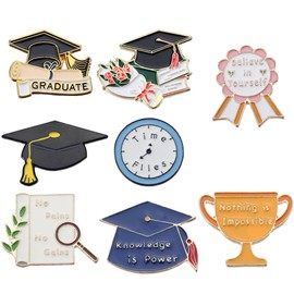 SUNNYCLUE 1 Box 8Pcs Graduation Enamel Pins Alloy School Pin Bulk Kindergarten Preschool Class Clock Book Trophy Graduate End of The Year Lapel Pins for Bag Backpack Clothes Hat Teachers Students Gift