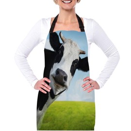 afidomu Kitchen Cooking Apron Funny Cow Green Summer Meadow Dairy Cattle Farm Animal Apron Home Baking Chef Apron Waterproof For Women Men 31X27 Inches