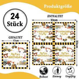 ParPix Pack of 24 Digger Napkins, 33 x 33 cm Digger Napkins, Children's Birthday Party Boys Girls, Napkins Construction Site, Tractor Napkins, Children's Birthday, Construction Site Napkins,