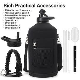 DYSANKY 1 Gallon Water Bottle Insulated | Thickened Stainless Steel Vacuum Metal Water Jug | Portable Sports Large Thermos for Gym and Hiking with Straw, Carrier Bag, Handle Strap | BPA-Free 128 oz