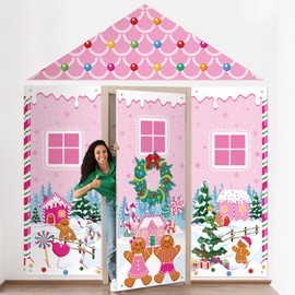 VitalCozy 4 Pcs Christmas Gingerbread Door Decoration Xmas Gingerbread House Candy Door Covers Backdrop Christmas Hanging Banner Porch Sign for Holiday Classroom Office Home Party Decor(Pink)