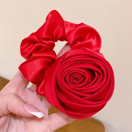 1Pc Wine Red Vintage Rose Flower Elastics Hair Ties Silk Satin Scrunchies Hair Band Ponytail Holders Hair Accessories for Women Girls, Hair Accessories
